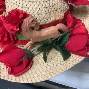 Straw Hat with Red Floral Accents
